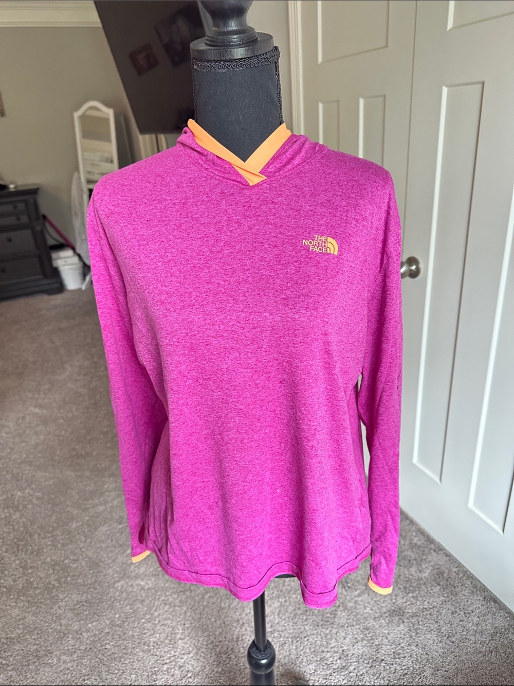 The North Face Magenta Hooded Long Sleeve Pullover with Peach Trim